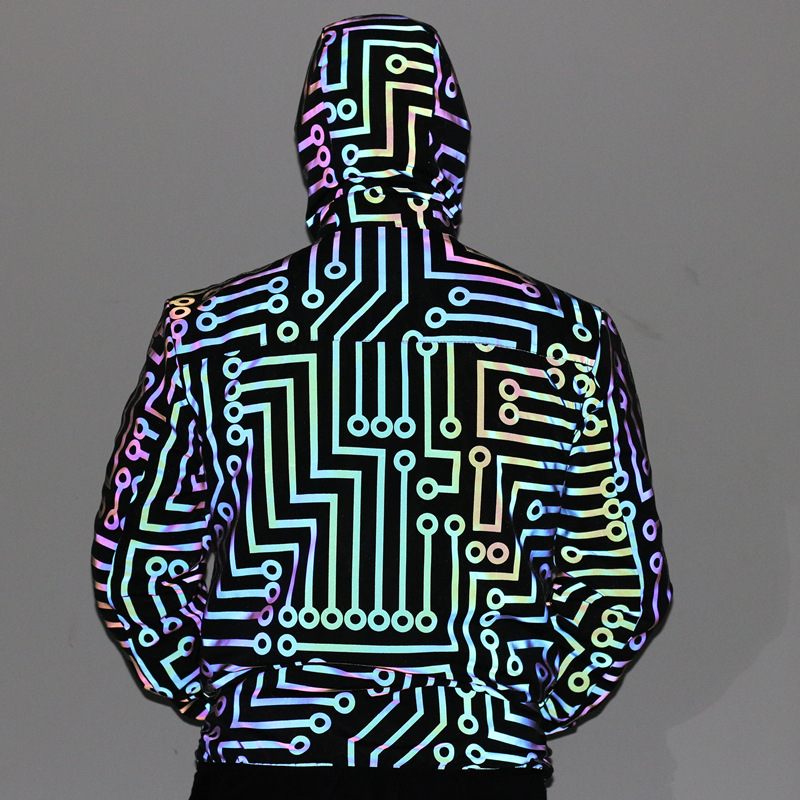 Men's Jacket Reflective Laser Circuit Pattern Hooded Windbreaker_voghion.com