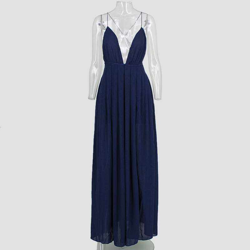 sling solid color V-neck split hem long dress  NSYI18714