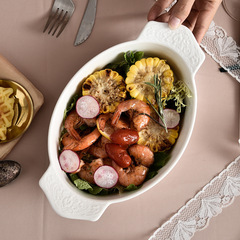 跨境純色橢圓雙耳盤創意陶瓷烤盤家用北歐ins餐具禮品芝士焗飯盤