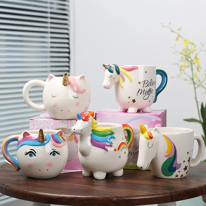 Unicorn Ceramic Mug, 450 ml, Creative Home Breakfast Cup, Rainbow Handle Designs