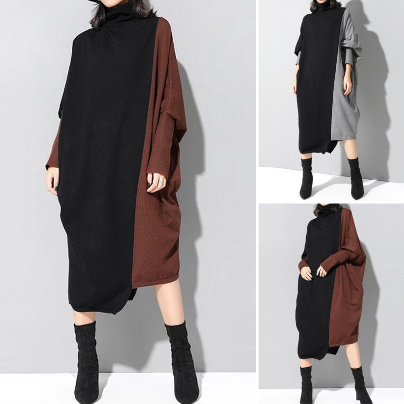 in stock star with OL temperament women's collage knitted mid-length dress long sleeve high collar dress first-hand supply