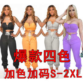 新款跨境女装CY1224ebay亚马逊wish欧美纯色拉链绑带运动套装