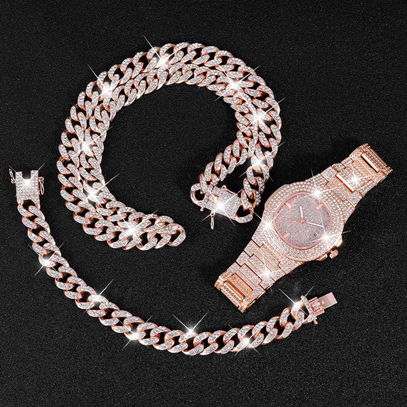 Set di braccialetti per orologio da uomo Set di 3 pezzi di gioielli per orologi stile hip-hop, collana con bracciale per orologio quadrato pieno di diamanti_voghion.com
