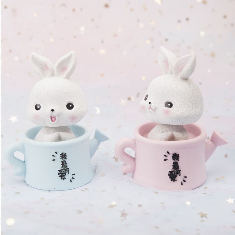 兔子生日蛋糕擺件現貨樹脂花灑兔車車在桌面擺件搖頭可愛卡通網紅