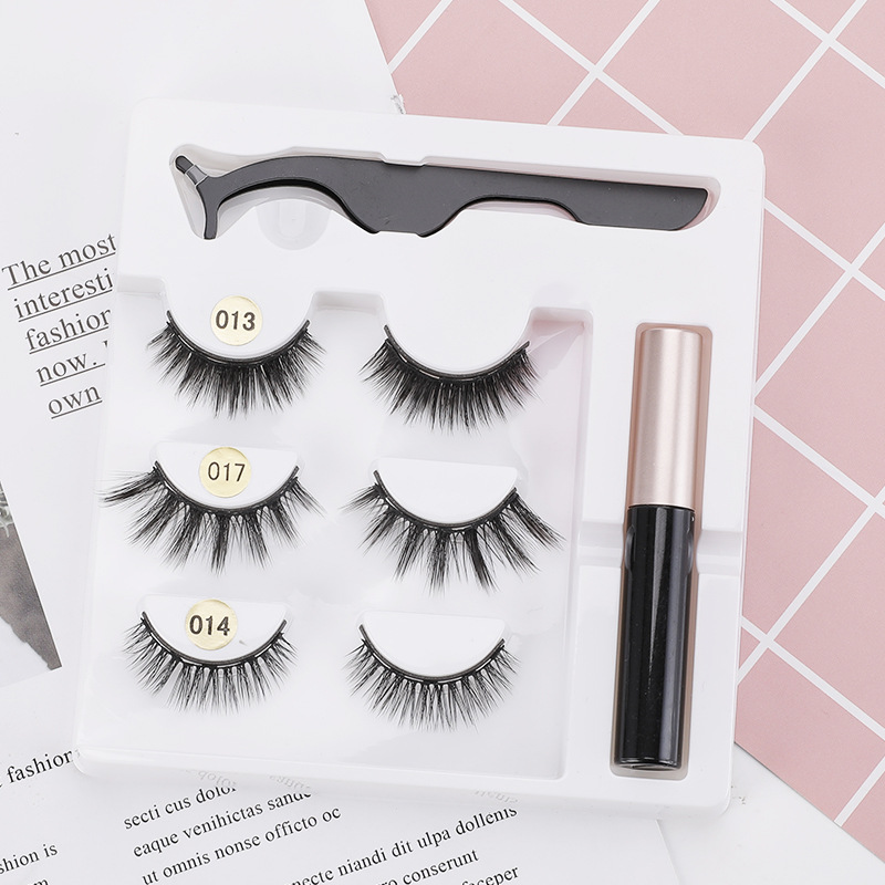 Tres pares de pestañas postizas magnéticas con pinzas pegamento delineador de ojos magnético conjunto de tres piezas lote de pestañas postizas de fibra química 3D