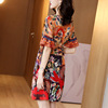 Printed mulberry silk big swing dress contrast Round Neck Lace Up waist slim A-line skirt