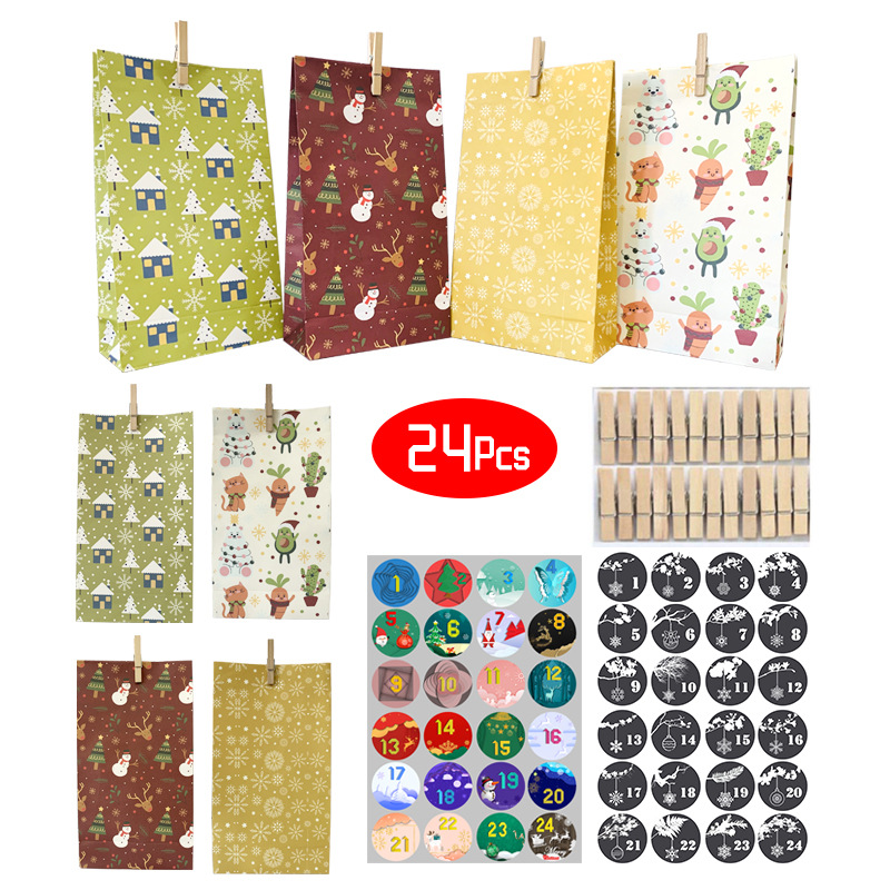 亚马逊现货圣诞纸袋套装牛皮纸收纳礼品袋数字贴纸降临日历定制