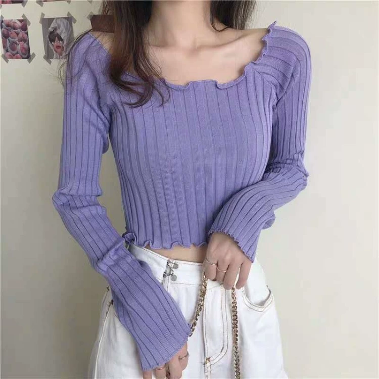 Autumn short knitted thin long-sleeve, 2020, Korean style, loose fit, open shoulders