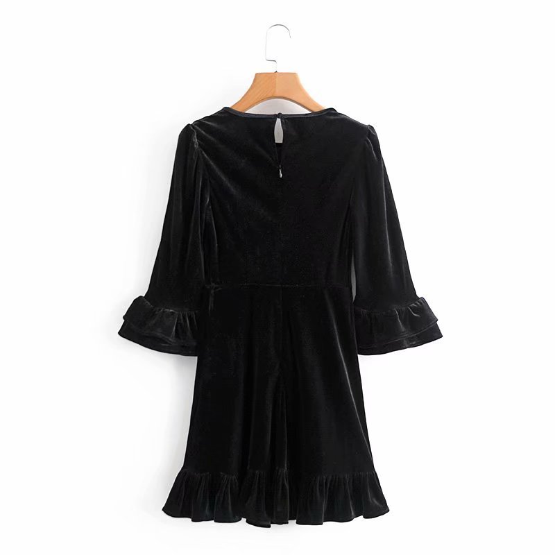 slim velvet ruffled three-quarter sleeves dress NSHS36994