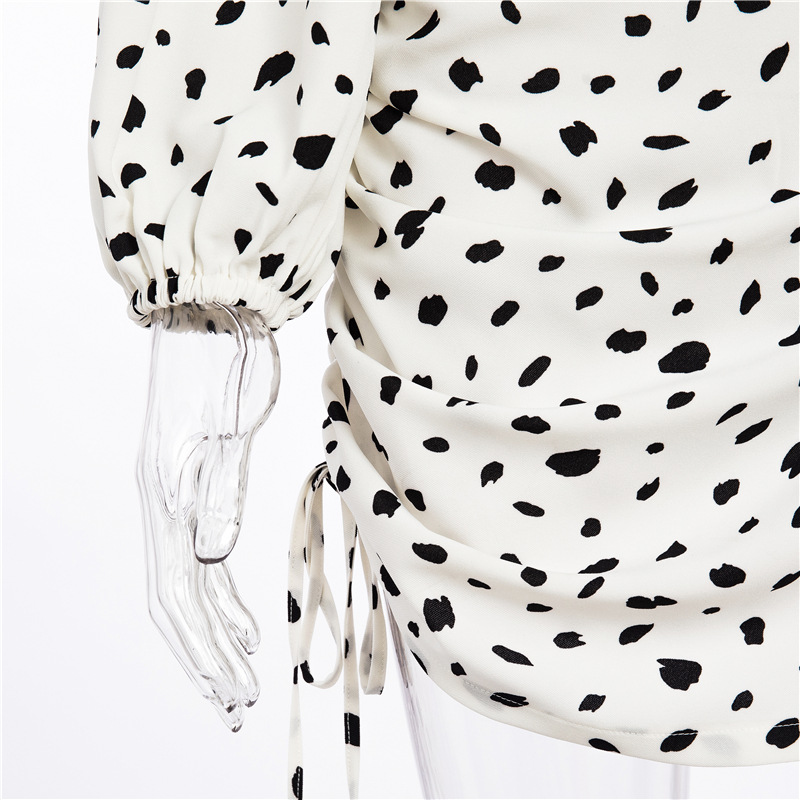 summer polka dot short slanted shoulder top two-piece fashionable drawstring pleated skirt suit NSAG4695