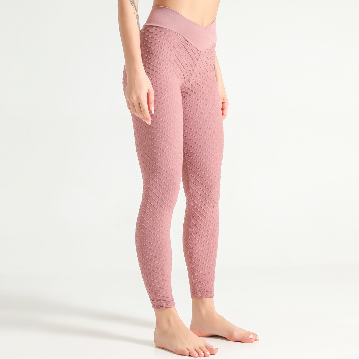 Pantalones de yoga de jacquard de punto sin costuras ajustados y elásticos para levantamiento de cadera de cintura alta NSLX12866
