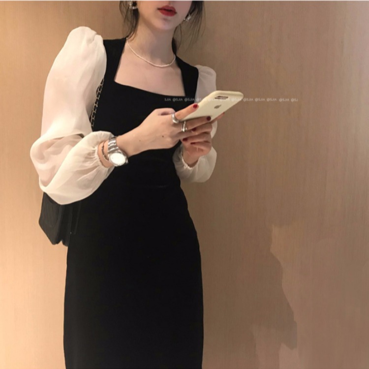 ins秋装新款赫本风法式优雅方领网纱泡泡袖拼接黑色丝绒连衣裙