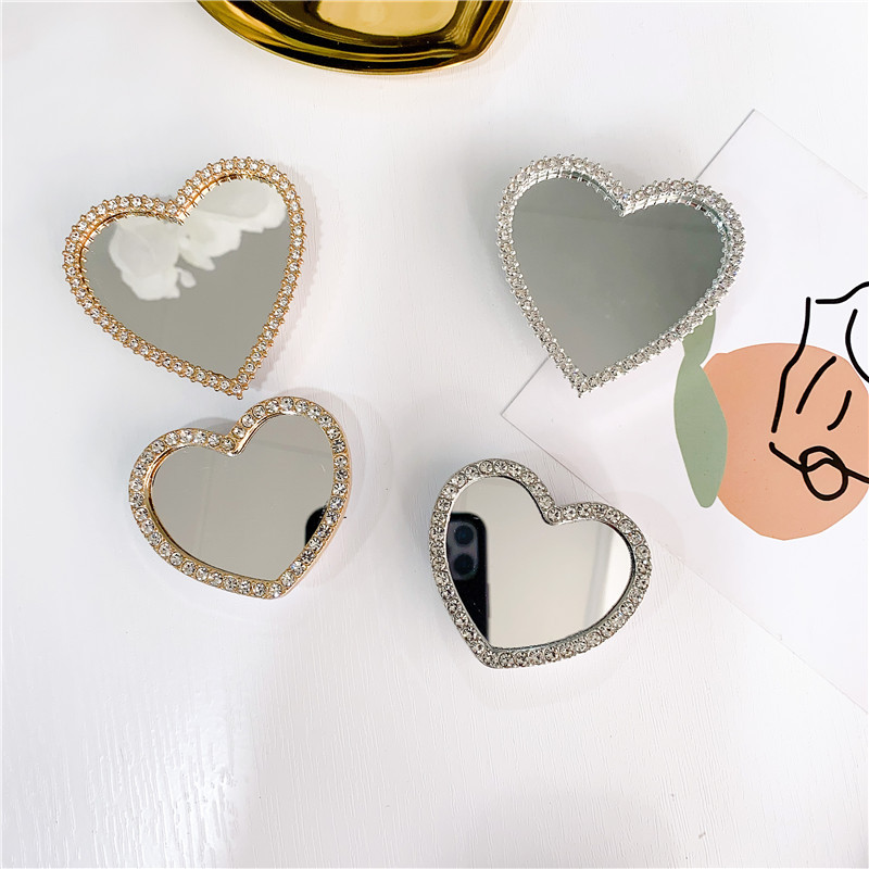20g Weight Universal Applicable Brands Metal Material Round, Square, Heart Shape Pattern Fashion Style Korean Style Ins Style Diamond-embedded Heart Shape Mirror Airbag Bracket Adhesive Retractable Mobile Phone Bracket Desktop Lazy Bracket 3