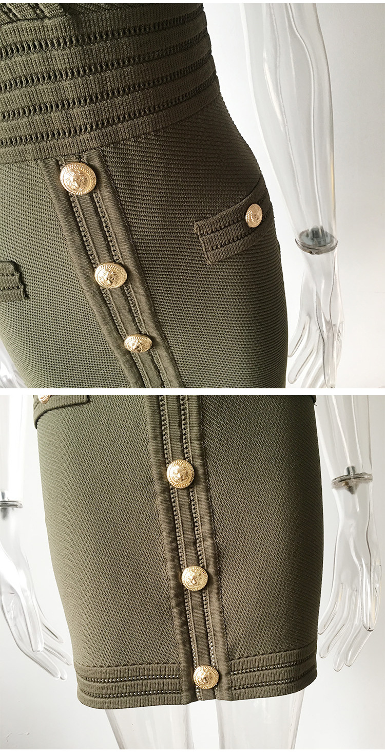 Spring Knitted Short Sleeved V neck Dress Sheath Army Green Black Texture