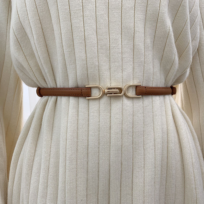 80g Weight Office Occasion Alloy Material Letter Pattern Women'S Gender Basic Style Coffee, White, Red, Camel, Black Color Retro Korean Style Metal Buckle Thin Waist Belt 3