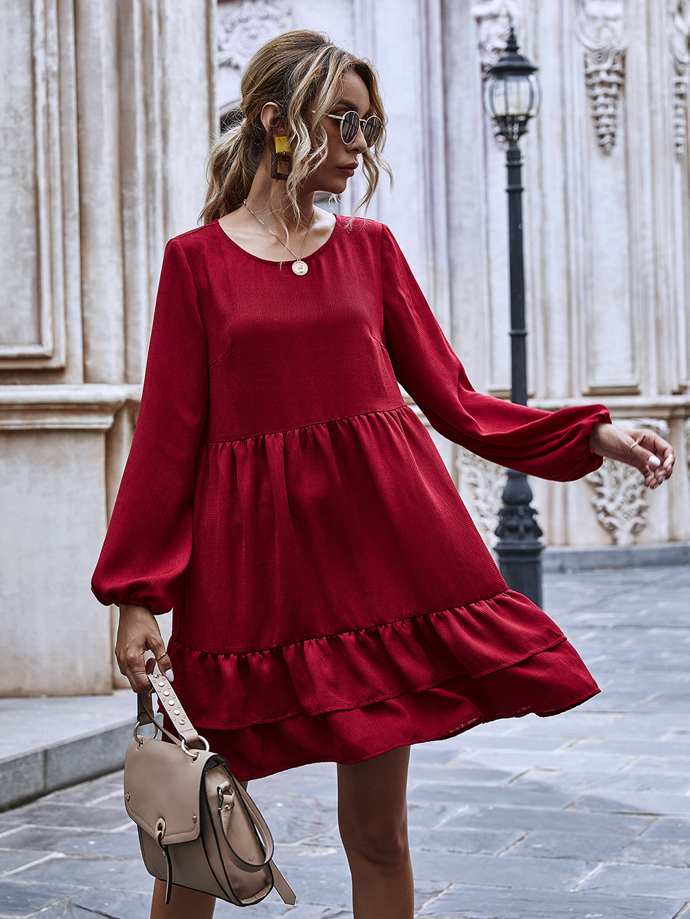 new wine red long-sleeved a-line skirt mid-length ruffle dress wholesale NHDF42