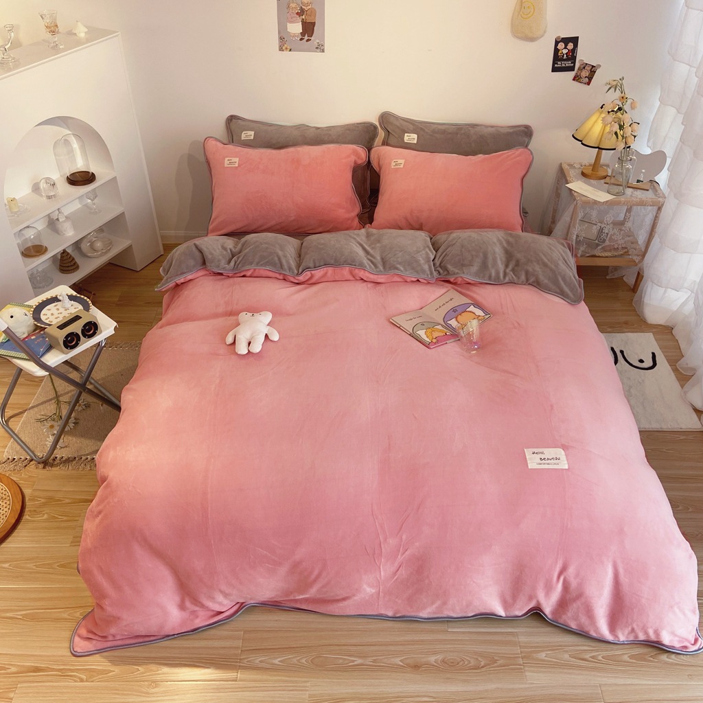 冬季加厚保暖纯色牛奶绒床上四件套粉色淑女宝宝绒法莱绒珊瑚绒|ru
