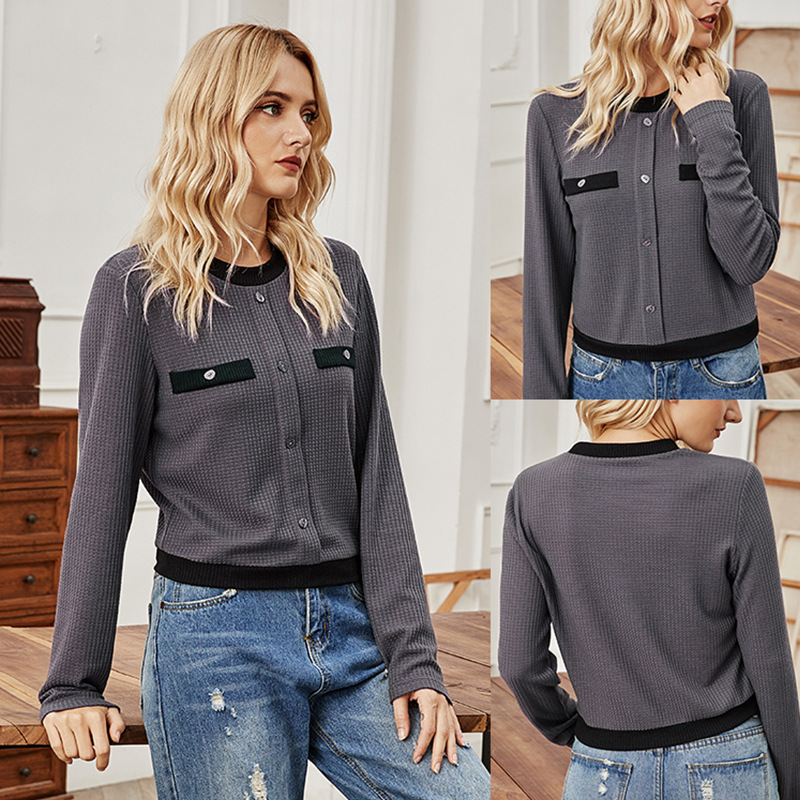 Knitted autumn sweater with a round collar