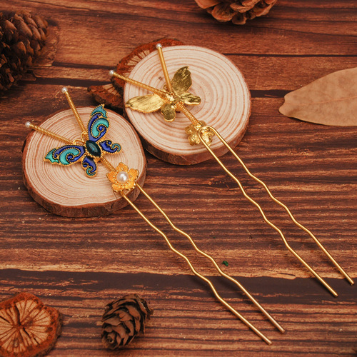 chinese hanfu hair accessory for girls Ancient spring joint flexible tentacle burning blue butterfly hairpin pair hairpin trembling branch hairpin Chinese Hanfu costume headdress