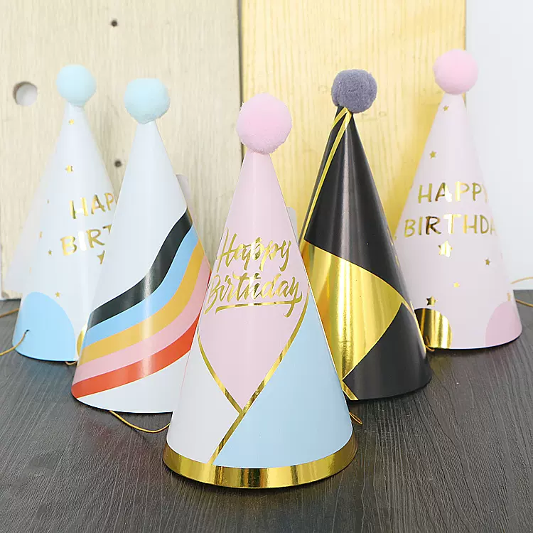 ins网红派对帽 儿童1岁周岁生日派对聚会布置烫金绒球纸帽批发
