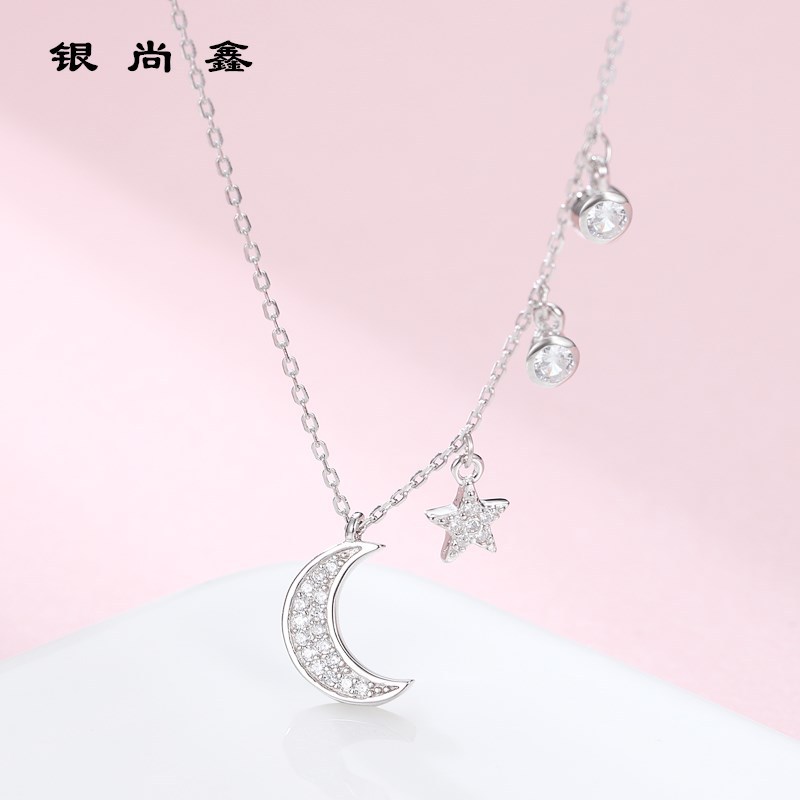 S925纯银美少女锁骨链 气质简约颈链星星月亮项链防过敏厂家直销