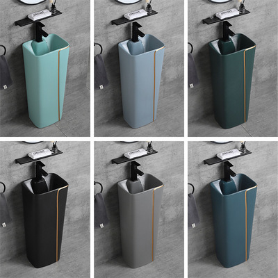 轻奢陶瓷立柱盆落地洗手盆磨砂黑绿灰小号洗脸盆酒店客栈个性面盆