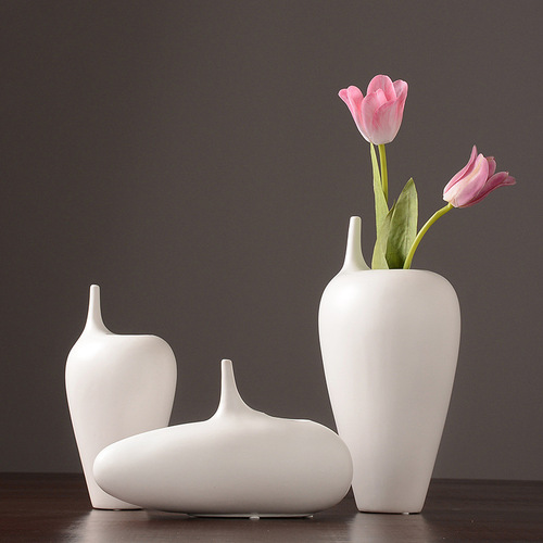 Modern simple white narrow mouth ceramic vase ornaments dry flower flower arrangement Chinese style creative living room home decoration