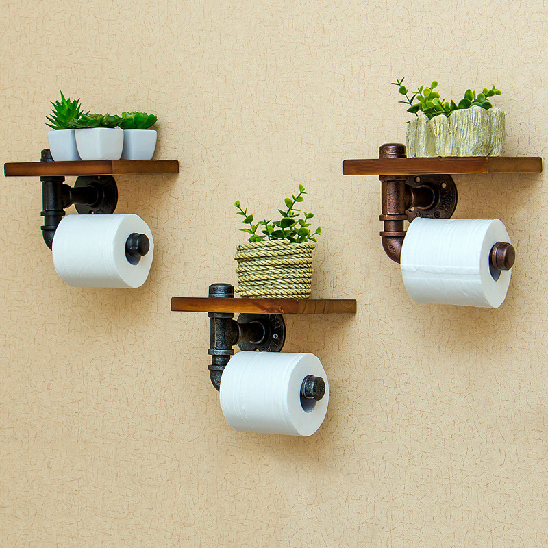 复古工业风水管纸巾架创意实木装饰置物架浴室卫生间多功能纸巾架