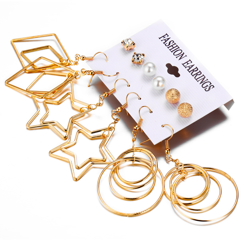 Vente Chaude Boucle D&#39;oreille Ensemble 6 Paires De Créative Simple Perle Étoile À Cinq Branches Cercle Boucles D&#39;oreilles Multi-éléments En Gros Nihaojewelry display picture 4