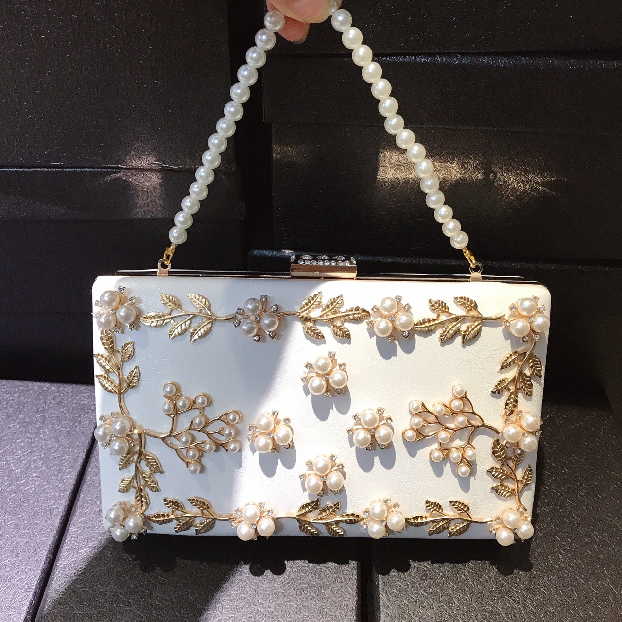 Túi clutch nữ đính đá dạ hội hình vuông nhỏ da nạm kim cương — Màu trắng chi tiết 1