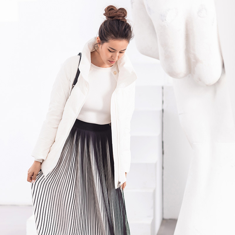 冬拉链韩版印花中长款气质通勤翻领薄款白色时尚白鸭绒女装羽绒服|ru