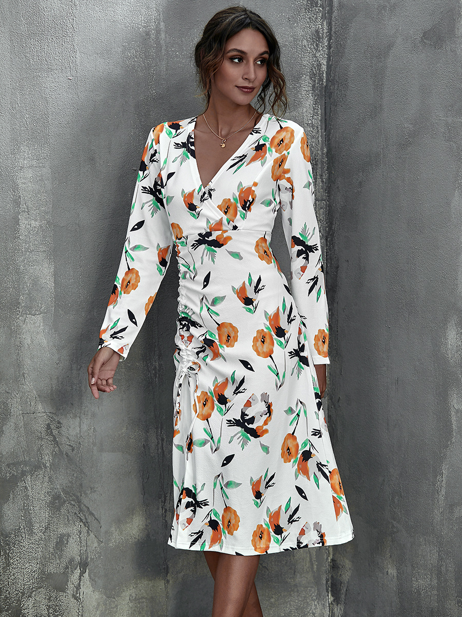 Temperament V-neck Printed Long Sleeve Dress NSAL2595