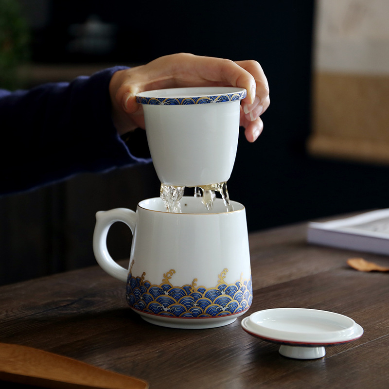Winjiang esmalte Taza de cerámica té separación personal Oficina taza de té con tapa logo letras