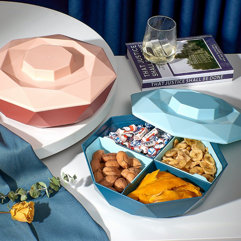 钻石带盖分格糖果盒 可拆洗塑料懒人干果盒 家用零食花生瓜子盘|ms