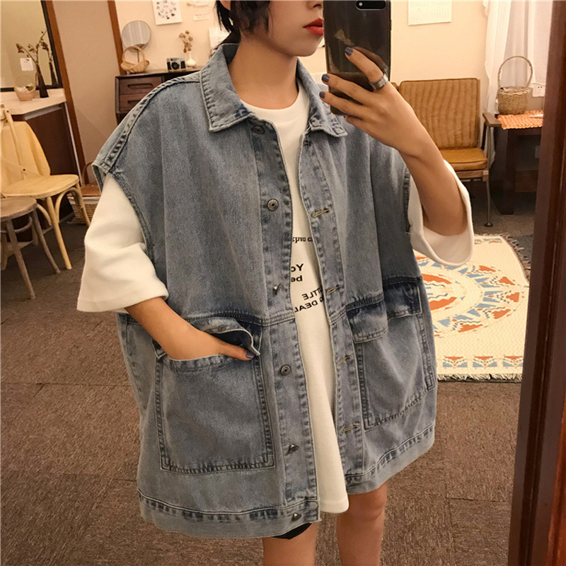 Denim vest spring coat for women ins Korean style loose bf style workwear jacket sleeveless all-match top vest for women