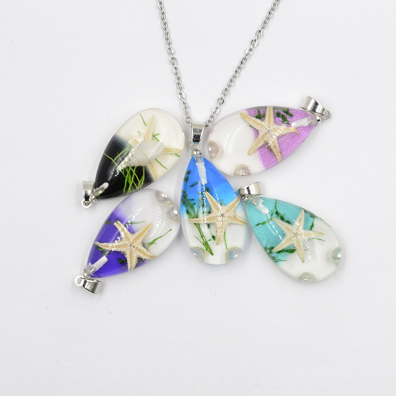 12g Weight Pendant Necklace Classification Creative Handmade Resin Starfish Shell Water Drop Stainless Steel Necklace Women's Jewelry Student Travel Necklace