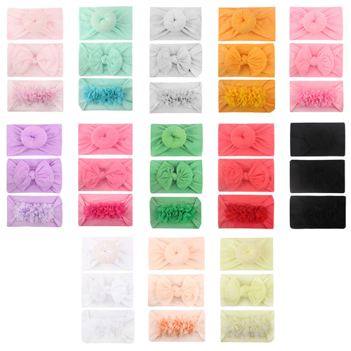 New soft nylon hair accessories donut/bow/chiffon flower children's accessories three-piece headband set