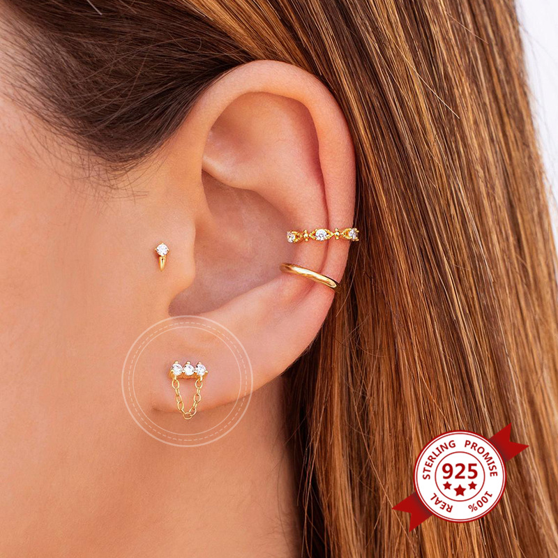 Korean Style Simple Three Zircon Hanging Ear Chain Earrings Temperament Party Ear Jewelry display picture 8
