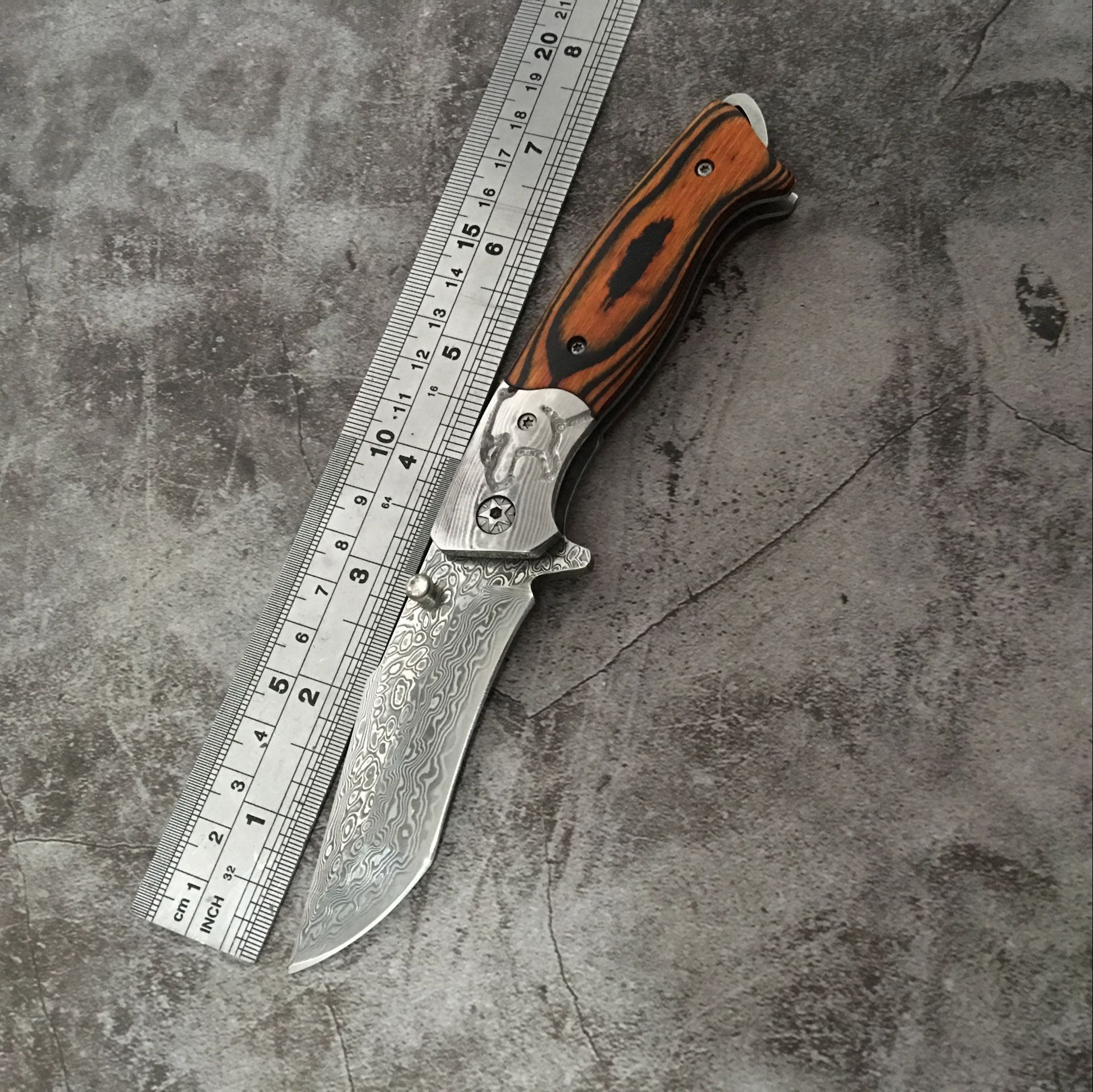 彩木大马士革钢折叠刀户外刀具