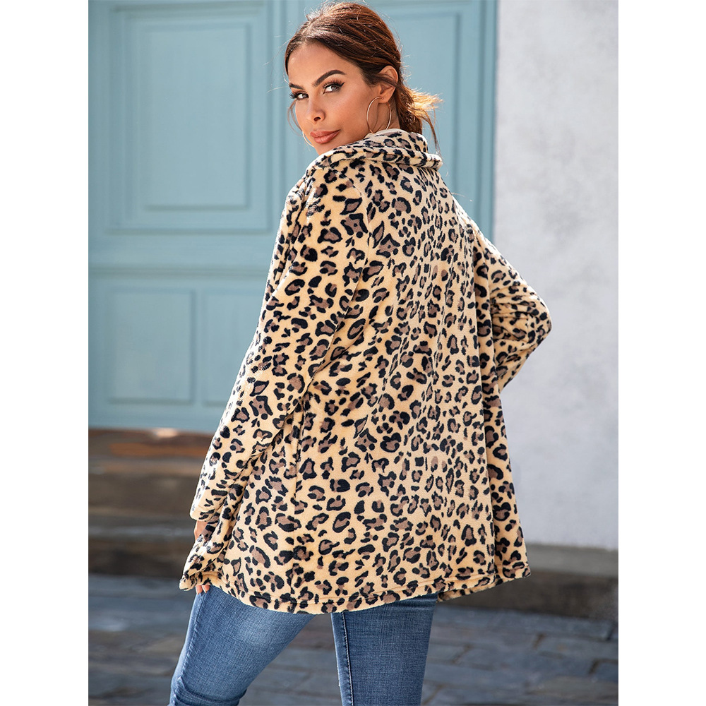 warm lapel leopard print mid-length woolen coat NSSA39987