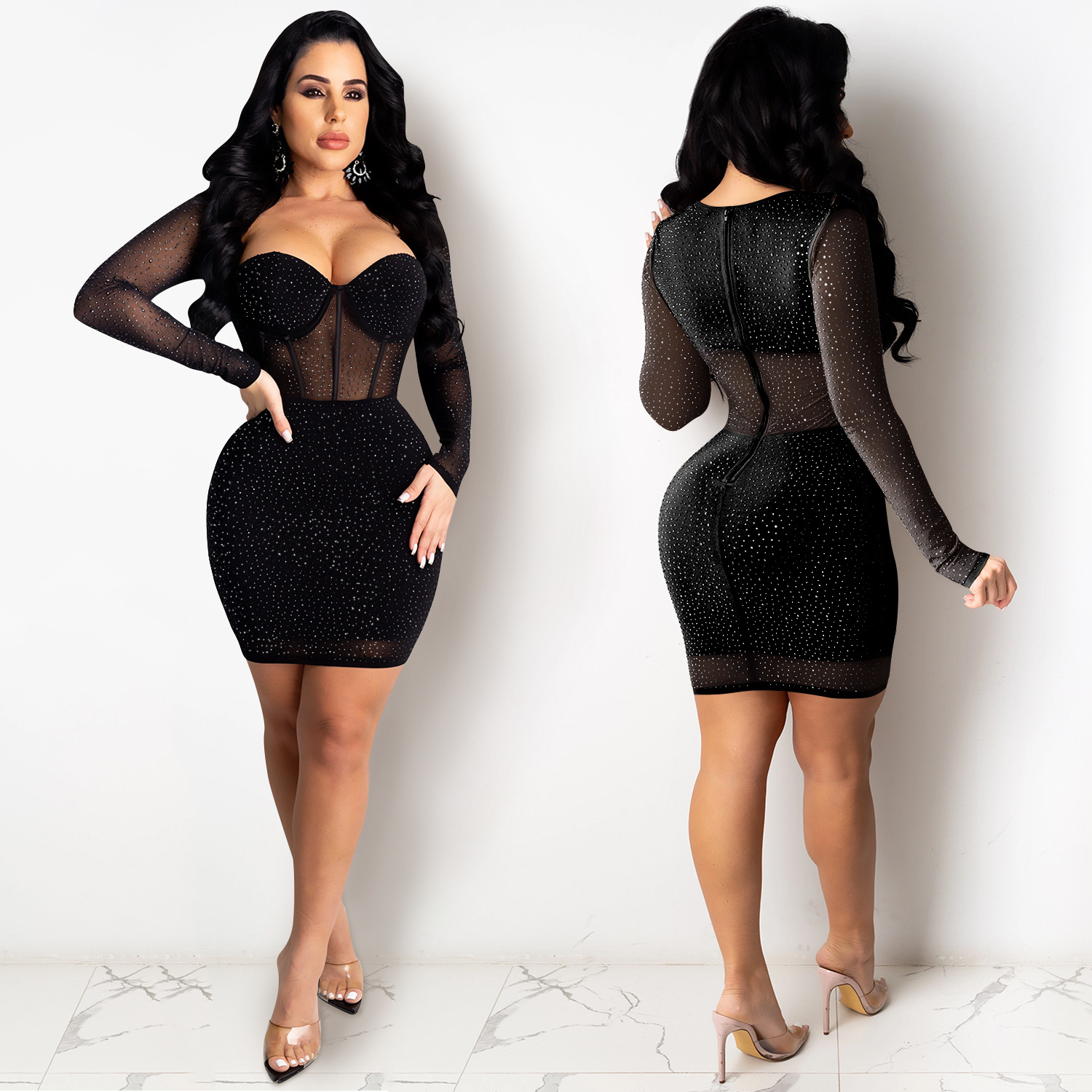 Long Sleeve Off Shoulder See Through Dress NSXYZ68539