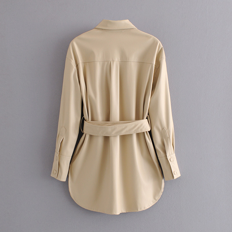 solid color long sleeve with belt faux leather jacket NSYXB139174