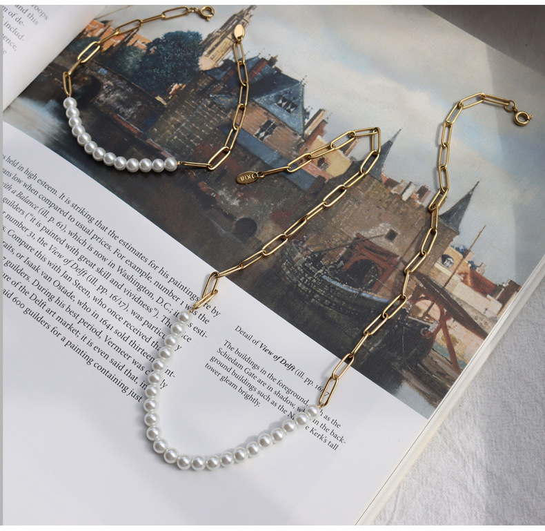 Mode Halb Genähte Kette Perle Titan Stahl Vergoldet 18 Karat Gold Halskette Armband display picture 2