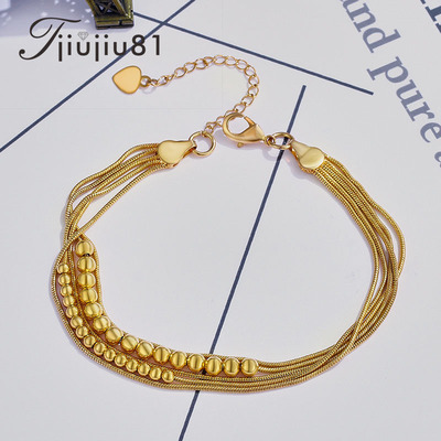 歐美金沙珠情侶手鏈精致黃金光面圓珠多線女情人節磨砂圓形手鏈