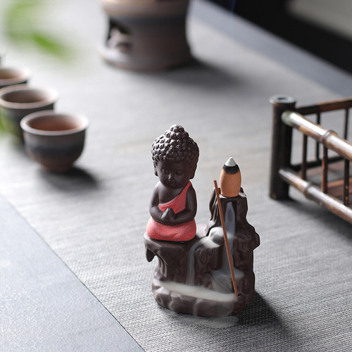 Creative backflow incense burner purple sand little monk mountain running water insert incense line incense burner ceramic incense channel home office ornaments