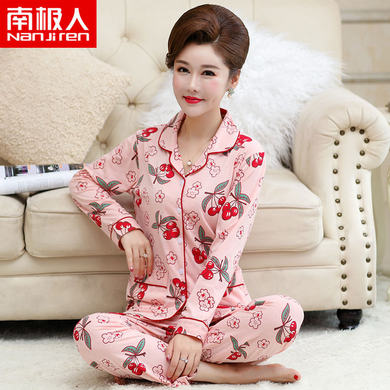 100% pijamas de algodón para madres de mediana edad y ancianos Primavera y otoño cardigan de manga larga casual más tamaño traje de desgaste para el hogar