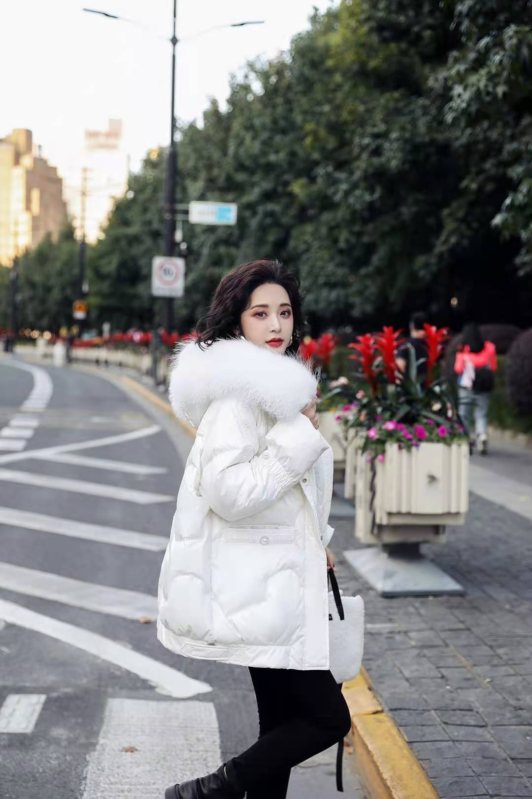 冬季拉链加厚羊滩毛领白色中长款气质通勤品牌白鸭绒韩版防寒外套|ms