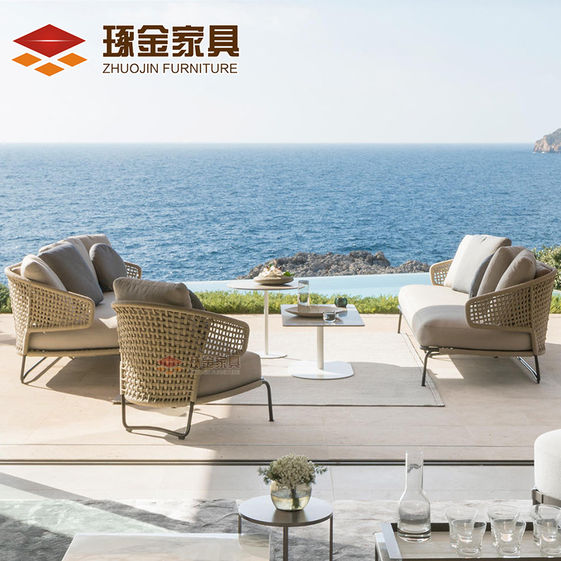 戶外沙發椅組合 酒店餐廳露台藤編布藝沙發 北歐繩編單人沙發家具