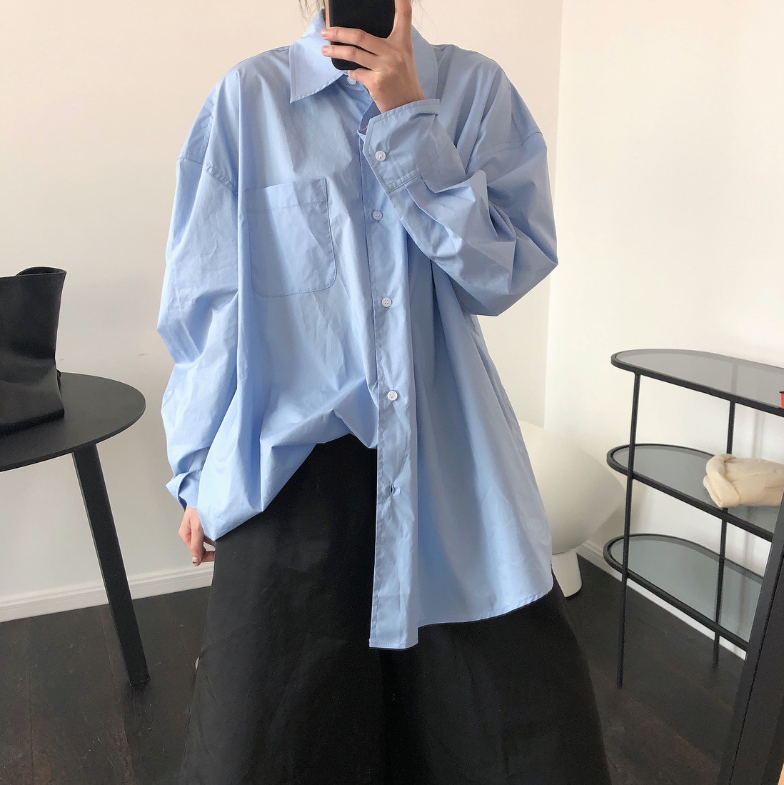 蓝色衬衫春季新款韩版慵懒风廓形翻领衬衫宽松休闲舒适亲肤上衣女-阿里巴巴