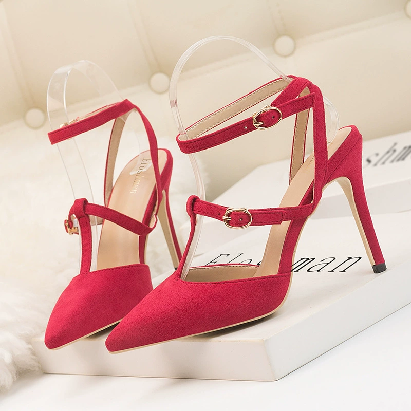 9219-76 Корейская Мода Простые однотонные тонкие каблуки на высоком каблуке с мелким ртом, замшевые полые сандалии с одним словом